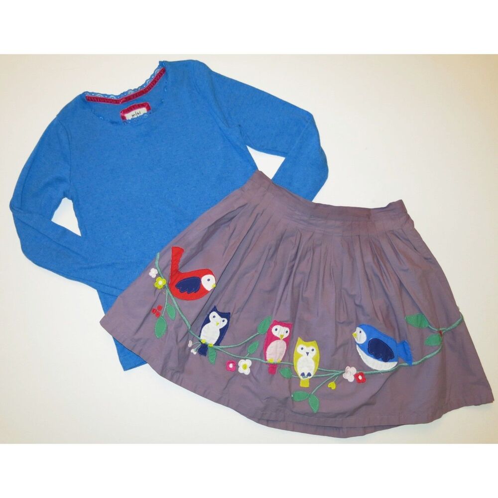 Mini Boden girls gray bird applique skirt blue long sleeve t-shirt top set 10 12